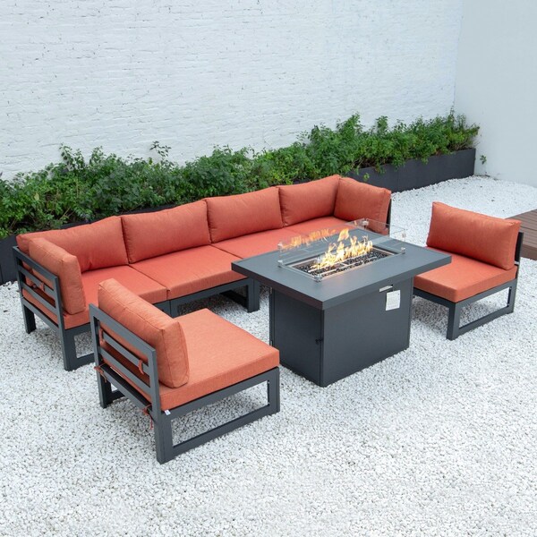 Leisuremod Chelsea 7Piece Patio Sectional And Fire Pit Table Black